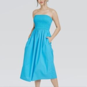 A New Day Blue Pleated Strapless Sundress